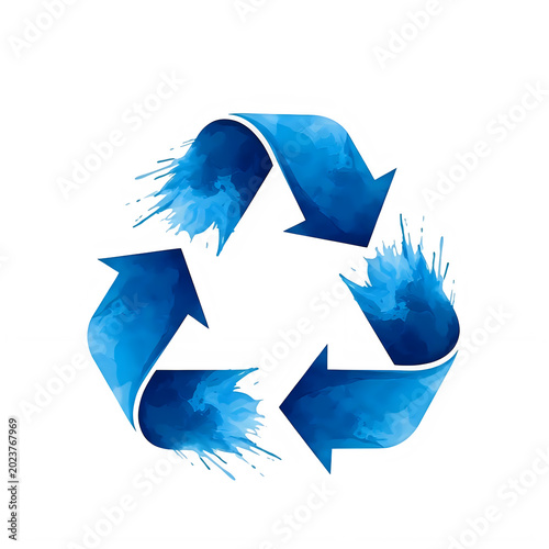 Modern blue watercolor recycling symbol with dynamic splash effect design transparent background