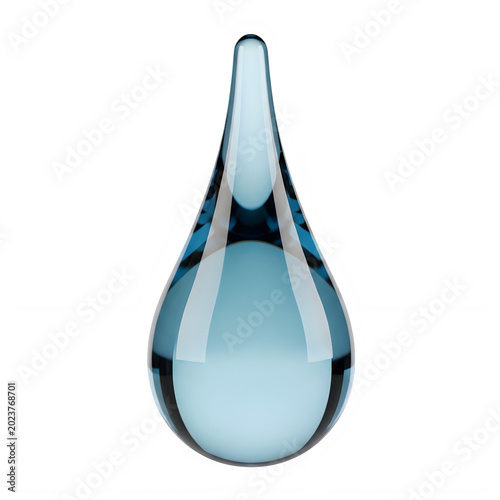 Realistic teardrop shape made of glass with light blue color and reflection transparent background
