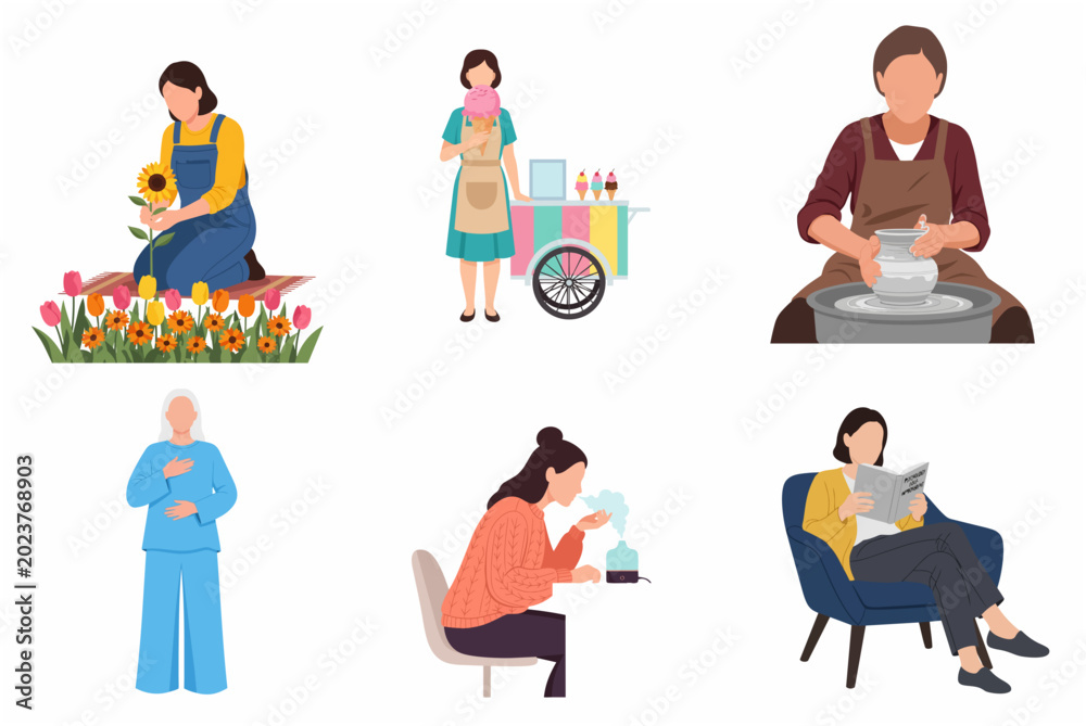 Fototapeta premium Set of diverse people engaged in various leisure activities, hobbies, and wellness routines flat vector illustration
