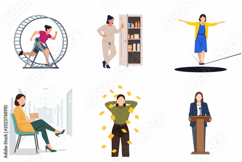 Tableau sur toile Set of illustrations depicting women facing daily life challenges, stress, work-