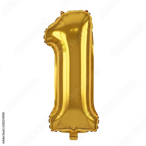 Shiny golden foil balloon shaped like the number one for celebrations transparent background
