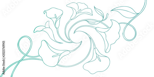 Calla Lily Swirl Design: An elegant teal outline of calla lilies and swirling vines creates a beautiful abstract floral pattern, perfect for graphic design and decorative elements.