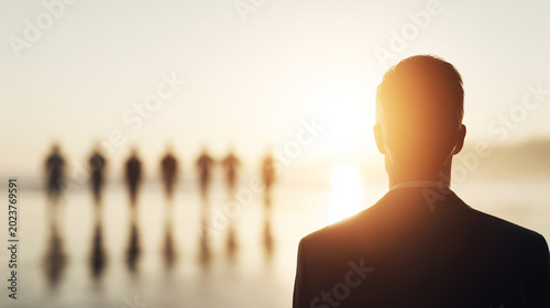 Business silhouette watching a group ahead at sunset, symbolizing leadership vision, strategy and future direction.
