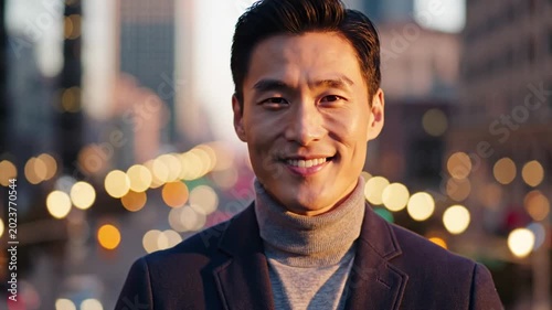 Asian man in turtleneck and blazer with city lights bokeh