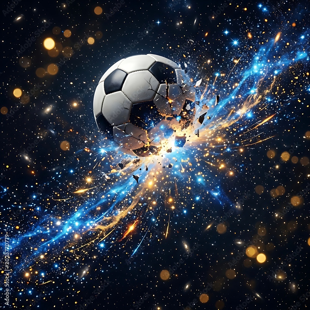 Fototapeta premium Soccer ball exploding in space with stars and sparks flying everywhere around