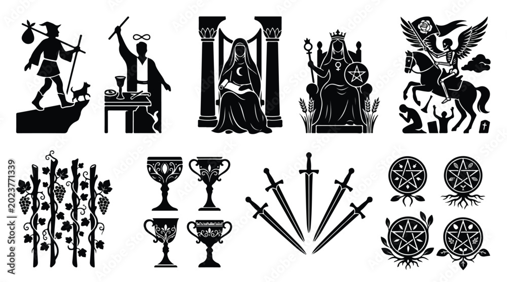 Naklejka premium Collection of medieval-themed black silhouettes including people, crowns, weapons, and coats of arms on a white background with a dark fantasy mood.