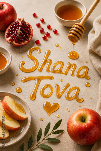 Rosh Hashanah Greeting with Honey Text and Pomegranate Seeds
