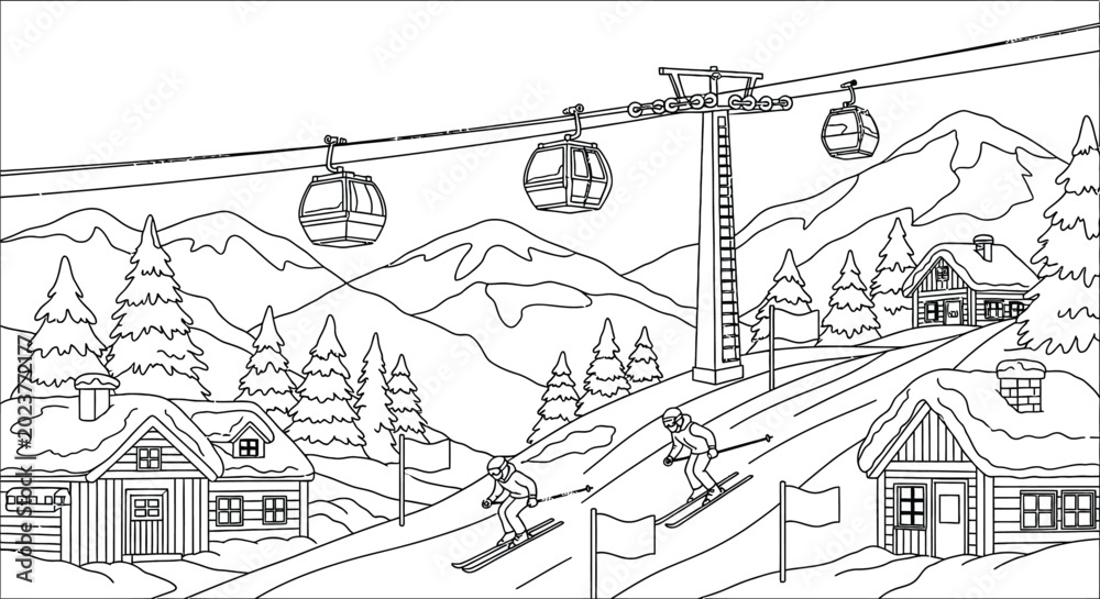 Fototapeta premium Winter mountain resort with cable car ski lift and snow covered houses surrounded by forest trees and skiers on slopes for educational coloring book art.