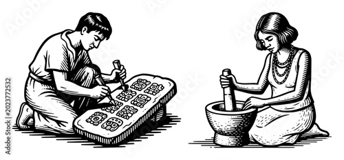 Schilderij op canvas ancient civilization people carving and grinding food vintage illustration