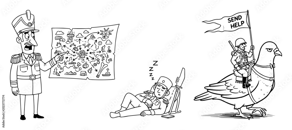 Fototapeta premium funny soldier scene collection with map nap and pigeon vector