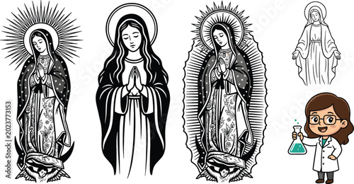 Bild auf Leinwand Virgin Mary and Our Lady of Guadalupe vector illustrations set with cute cartoon
