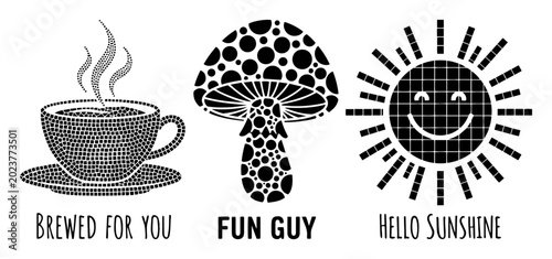 Tableau sur toile coffee mushroom and sun pun icon set black and white vector illustration