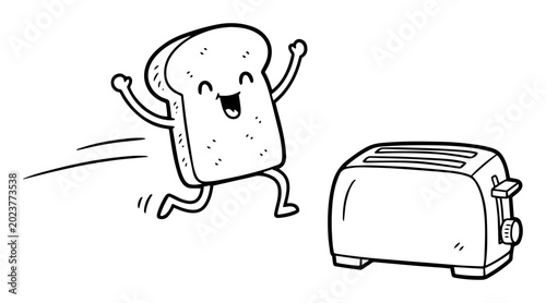 Foto funny bread slice running from toaster cartoon vector