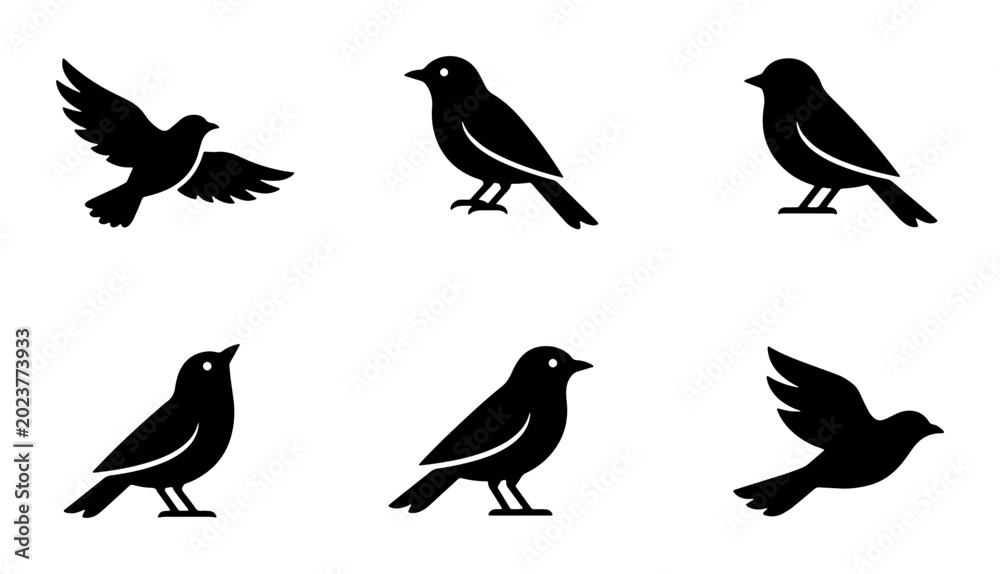 Obraz premium Vector Bird Silhouettes Collection: Flying and Perching Avian Icons for Nature and Freedom Concepts