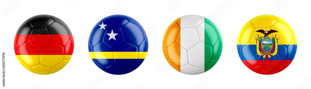 Obraz premium World Cup 2026 GROUP E teams ball flags. 3d illustration.