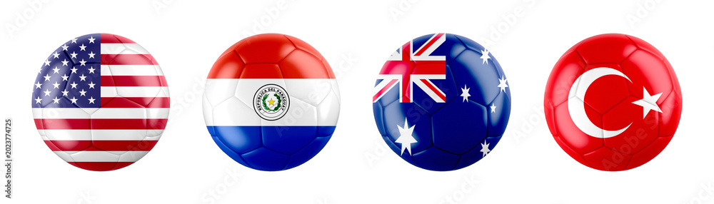 Fototapeta premium World Cup 2026 GROUP D teams ball flags. 3d illustration.