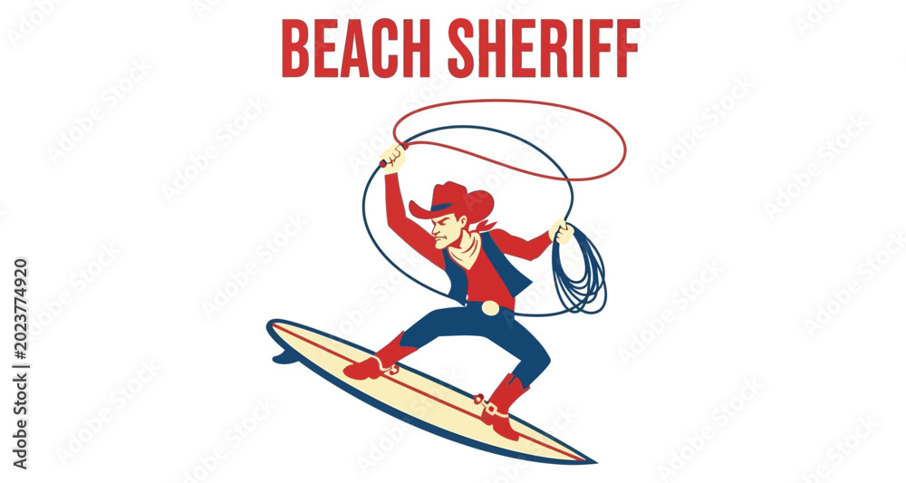 Fototapeta premium Cowgirl Surfing With Lasso Against Beach Scene Vector Silhouette