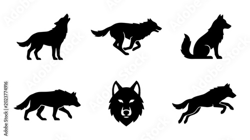 Konstfotografi Wolf Silhouettes Vector Pack: Howling, Running, Sitting, Walking, and Head Icons