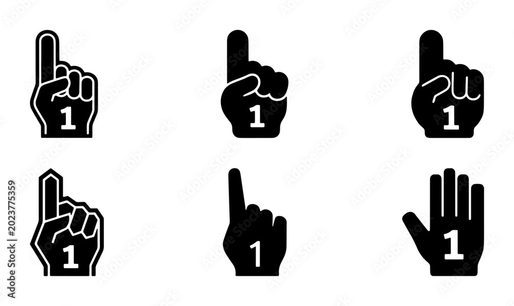 Fototapeta premium Number One Hand Icons, Victory Gesture Symbols, Winning Fan Foam Finger Set, Celebration and Success Vector Graphics