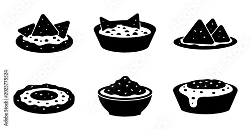 Foto Mexican Nachos and Guacamole Icons, Cinco de Mayo Food Vector Set, Party Snack G