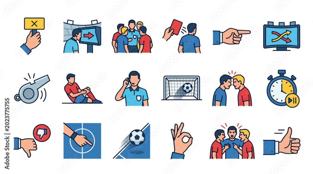 Fototapeta premium Flat vector icon set illustrating soccer football referee signals, match officiating, VAR technology, red card, whistle, goal-line technology, player injuries, and game rules on white background.