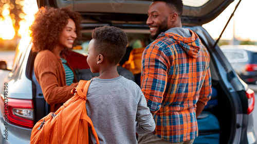 African family preparing for road trip beside open car trunk during travel and vacation departure