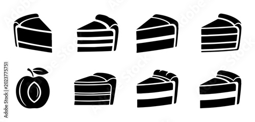Tableau sur toile Black Silhouette Cake Slices and Plum Icon Set, Dessert and Fruit Vector Graphic
