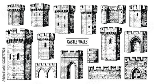 Quadro su tela Various hand-drawn castle walls, towers, and gates, showcasing medieval architecture and fortification designs