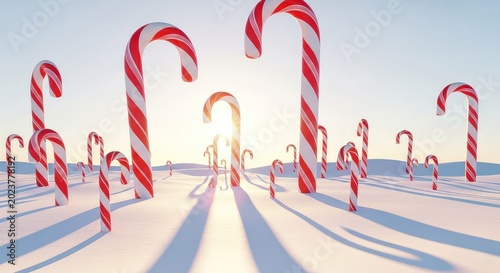 A magical winter forest landscape featuring towering red and white striped candy canes standing like massive trees amidst soft white snow, candy cane, surreal, seasonal celebration
