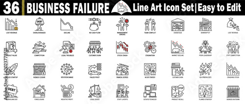 Fényképezés Business failure line art icon set
