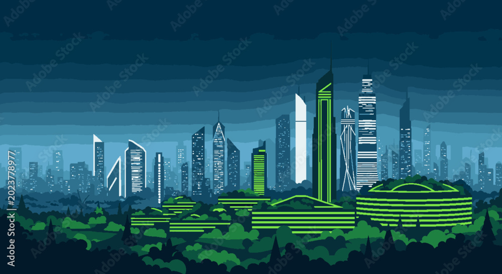 Fototapeta premium Modern city skyline with futuristic skyscrapers and lush green trees, symbolizing urban development and eco-friendly architecture.