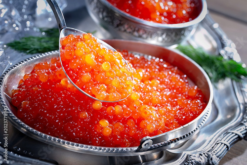 Red, granular caviar, a tasty, valuable product in a spoon and silverware on a black background. Close-up.