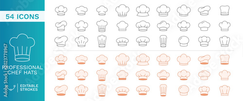 Professional Chef Hat Icon Set with Editable Strokes, Minimalist Line Art Toque Symbols for Restaurant Branding, Culinary Uniform Design and Kitchen Logos