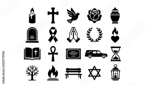 Canvastavla Funeral and mourning silhouette icons set with tombstone cross dove prayer hands
