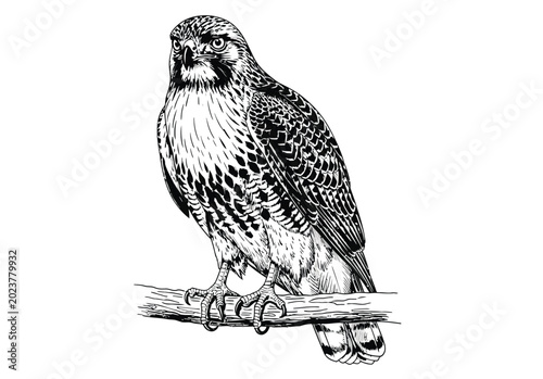 Bild auf Leinwand Detailed black and white illustration of hawk bird perched on wooden branch looking forward in natural pose showcasing majestic predatory wildlife sketch art