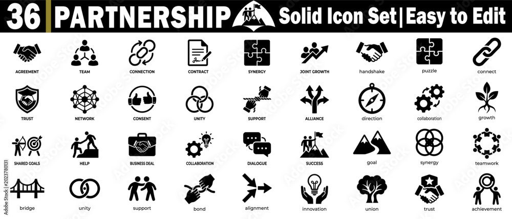 Obraz premium Partnership solid icon set. Showing business development, teamwork synergy, collaboration trust, success, and professionalism.