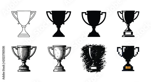 Foto Collection of champion trophy cup icons showing different artistic styles like line art silhouette vintage engraving woodcut and pixelated digital design