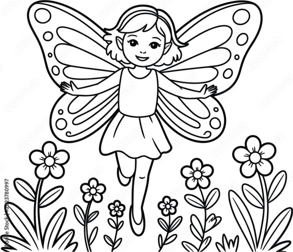 Obraz premium Cute fairy butterfly girl coloring page vector illustration with flowers isolated fantasy outline design for children