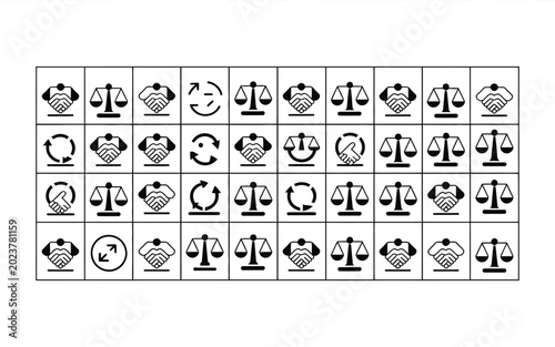 Vector logo design featuring various business and legal symbols including handshake and scales icons