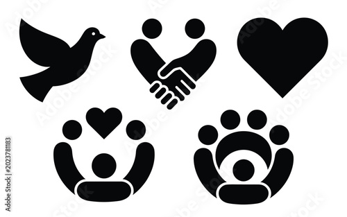 Фотография Reconciliation symbols including dove handshake heart and people icons in black