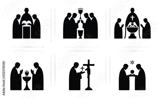 Fotografía Holy sacrament icons set with silhouette illustrations of christian rituals and