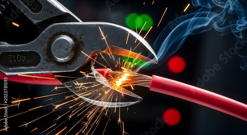 Wire cutters creating sparks and smoke while cutting a live red electrical cable against a dark, blurry background with lights.