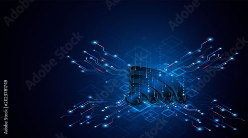 Tableau sur toile Futuristic 3D Wi-Fi icon on dark blue circuit background