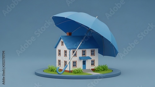 White house with blue roof and umbrella protection insurance home