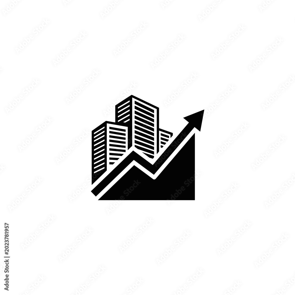 Fototapeta premium Business growth graph with buildings and upward arrow symbol 
