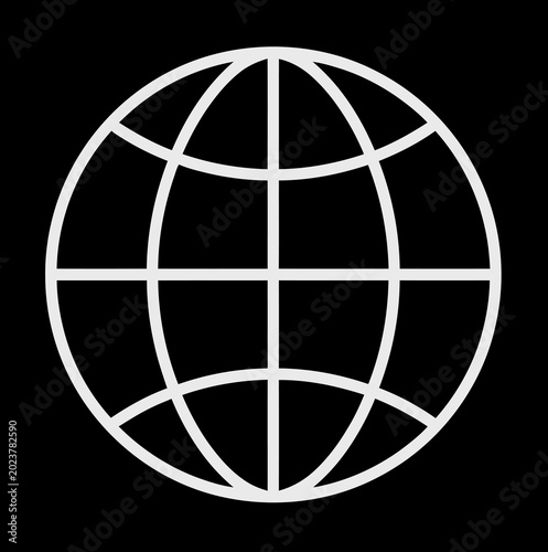 Minimalist globe vector icon isolated on black background. Earth grid sphere line art symbol for web, internet, and global business technology.