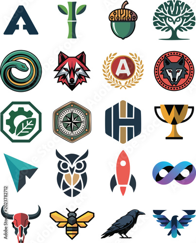Animal Nature and Letter Emblems with Wolf Owl Bee Tree and Rocket Symbols