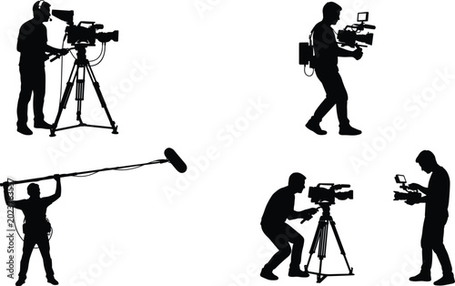 Quadro em tela Silhouettes of film crew operating professional cameras and audio equipment show
