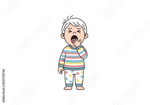 Foto Illustration of a child in pajamas yawning widely and covering their mouth with