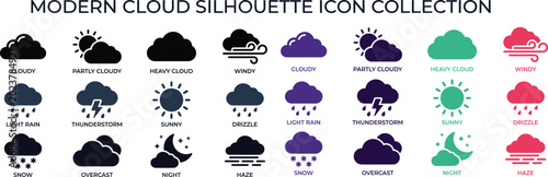 Colorful weather vector icon set with sun cloud rain snow and storm symbols in red and black design